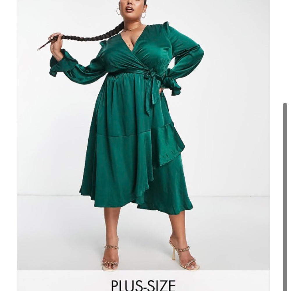 Green Ruched Wrap Dress with Bishop Sleeves